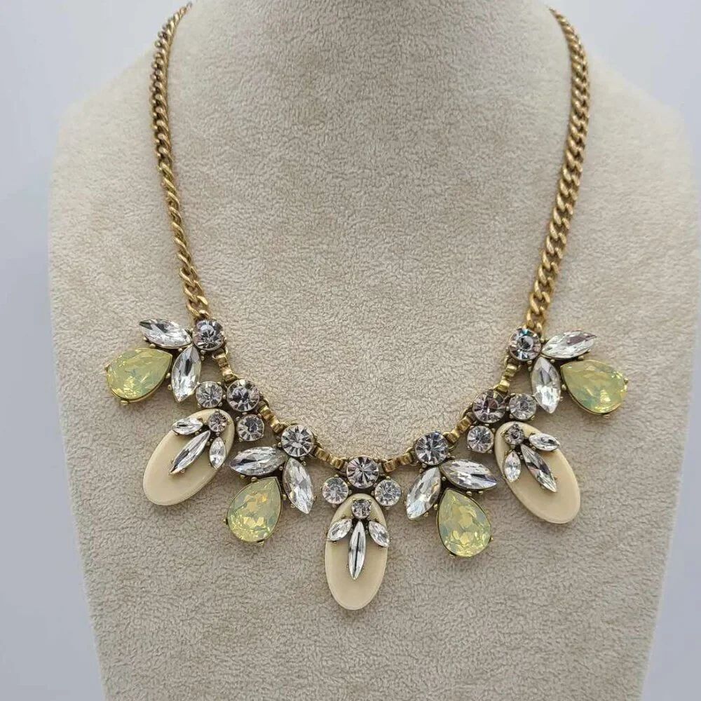 J Crew Lemon Lime Crystal Necklace with Clear Crystals and White Discs